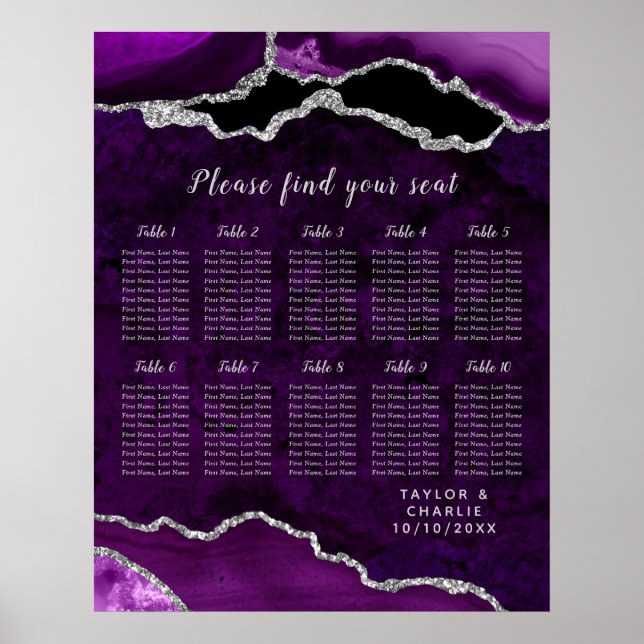 Affiche Plan de table de mariage en Agate Argent Violet 12 (Devant)