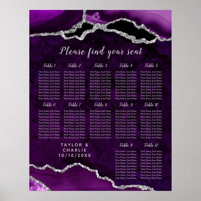 Affiche Plan de table de mariage en Agate Argent Violet 12 (Devant)