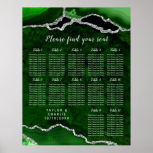 Affiche Plan de table de mariage en agate argentée verte 1