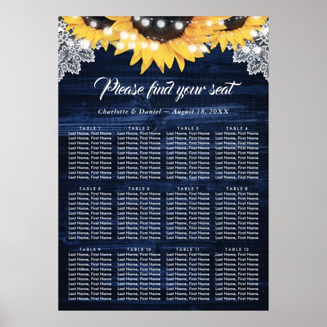 Affiche Plan de table de mariage en bois bleu marine Tourn (Devant)