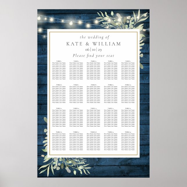 Affiche Plan de table de mariage en bois rustique bleu ave (Devant)