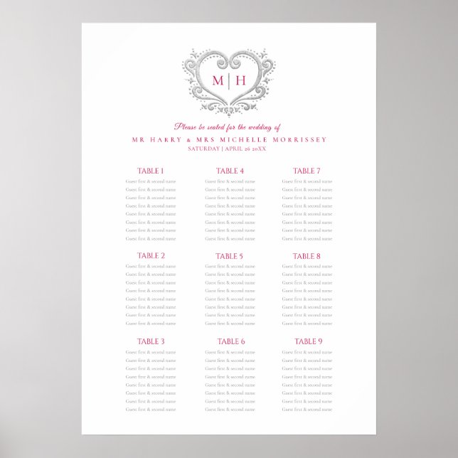 Affiche Plan de table de mariage en couronne de coeurs rou (Devant)