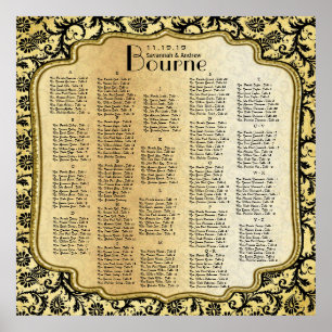 Affiche Plan de table de mariage en damas or et noir