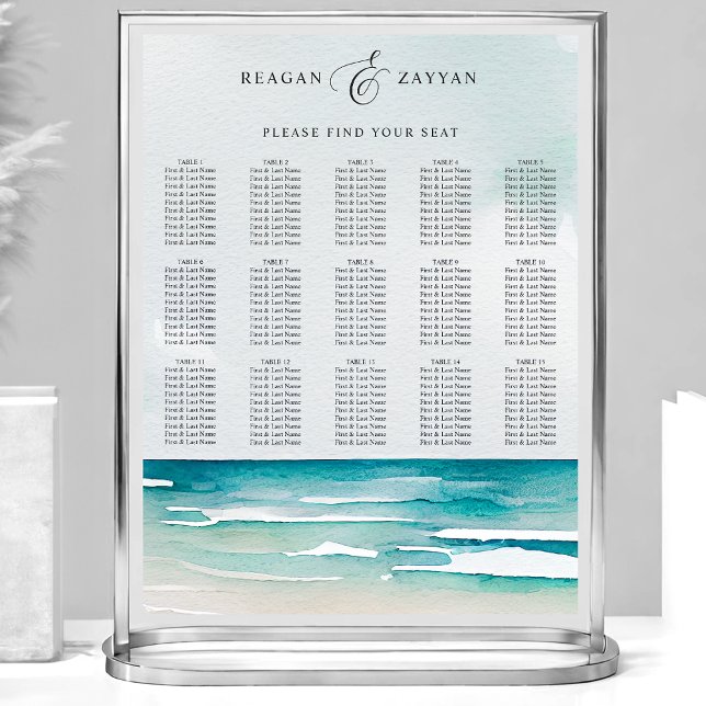 Affiche Plan de table de mariage estival plage aquarelle (Créateur téléchargé)