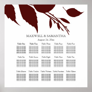 Affiche Plan de table de mariage Feuilles bordeaux élégant