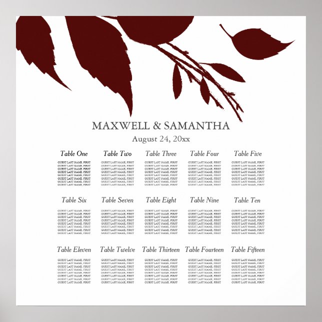Affiche Plan de table de mariage Feuilles bordeaux élégant (Devant)