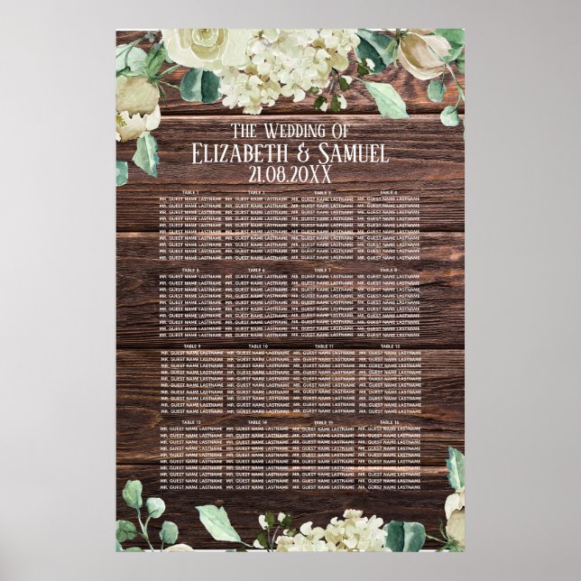 Affiche Plan de table de mariage Fleurs aquarelles en bois (Devant)