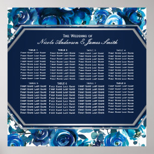 Affiche Plan de table de mariage Fleurs Florales Indigo Bl