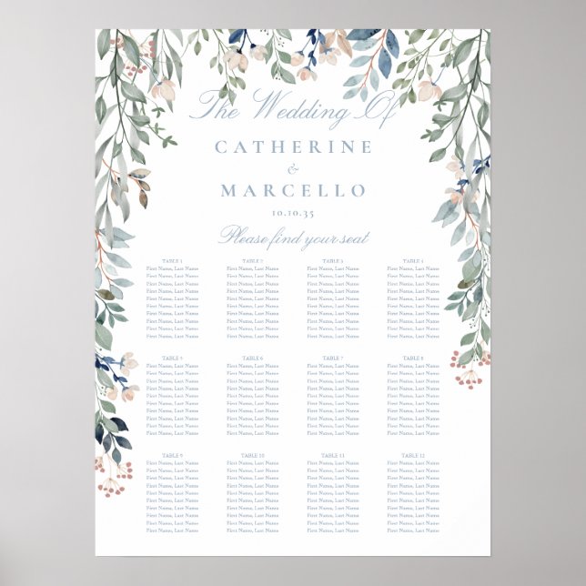 Affiche Plan de table de mariage Fleurs sauvages Bleu pous (Devant)