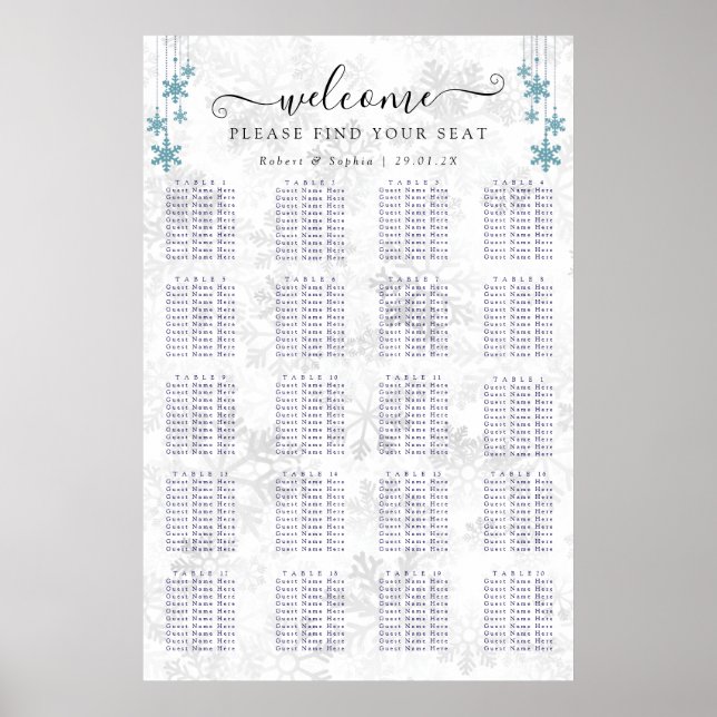 Affiche Plan de table de mariage flocon de neige d'hiver (Devant)