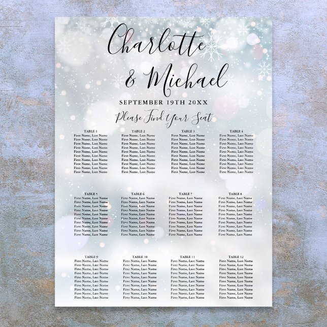 Affiche Plan de table de mariage Flocons de neige d'hiver (Winter Snowflakes Wedding Seating Chart)