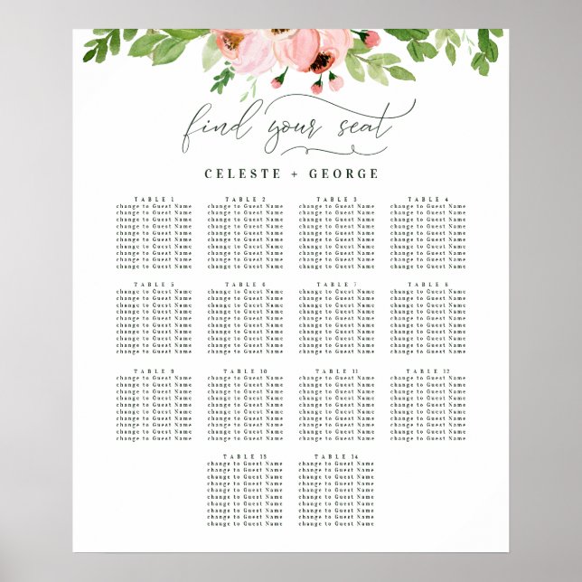 Affiche Plan de table de mariage floral à l’aquarelle rose (Devant)