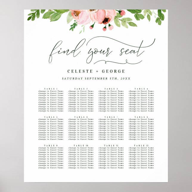 Affiche Plan de table de mariage floral aquarelle rose blu (Devant)