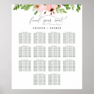 Affiche Plan de table de mariage floral aquarelle rose blu