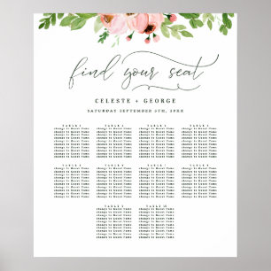 Affiche Plan de table de mariage floral aquarelle rose blu