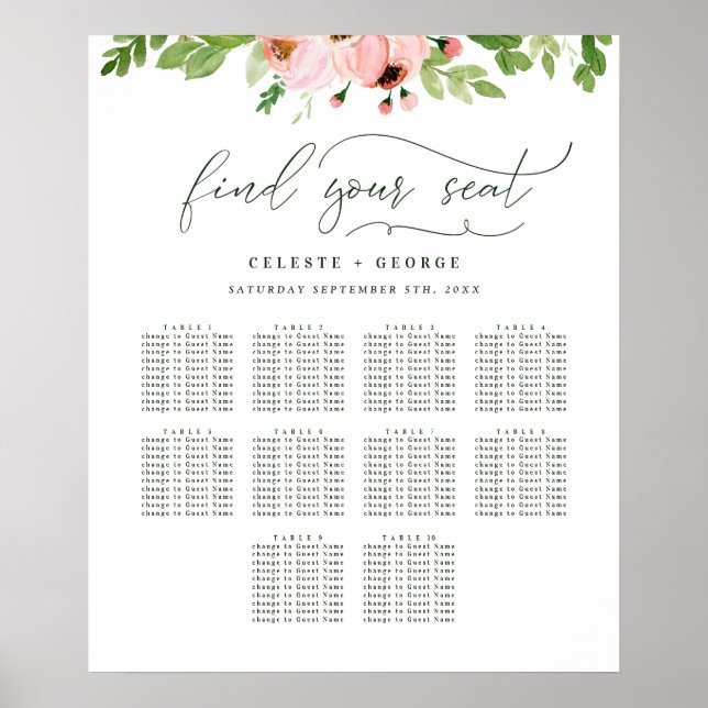 Affiche Plan de table de mariage floral aquarelle rose blu (Devant)