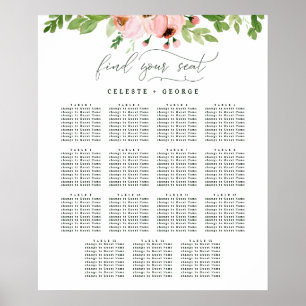 Affiche Plan de table de mariage floral aquarelle rose ten