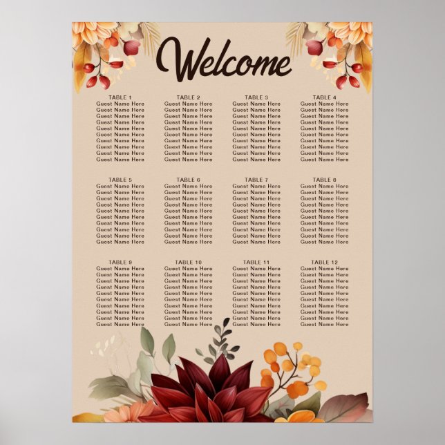 Affiche Plan de table de mariage floral automnal en terre  (Devant)