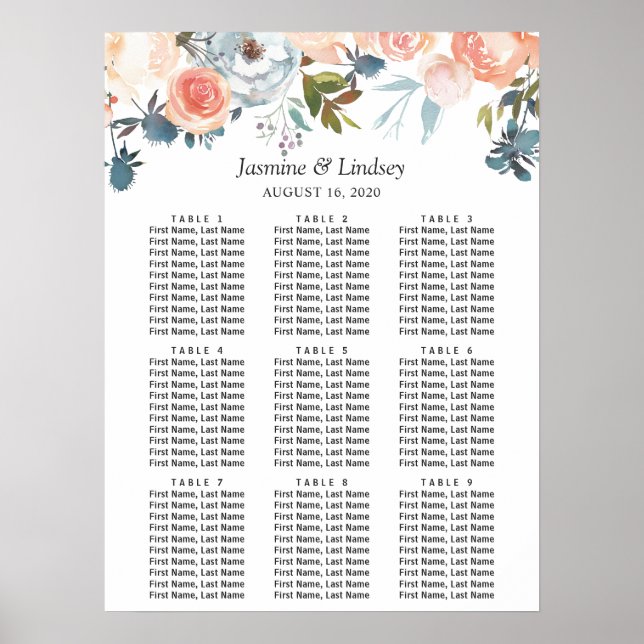 Affiche Plan de table de mariage floral automnal rustique (Devant)
