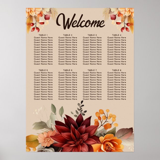 Affiche Plan de table de mariage floral automnal Terracott (Devant)