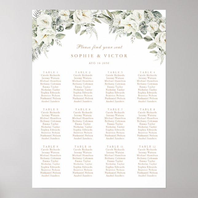 Affiche Plan de table de mariage floral blanc 12 tables (Devant)