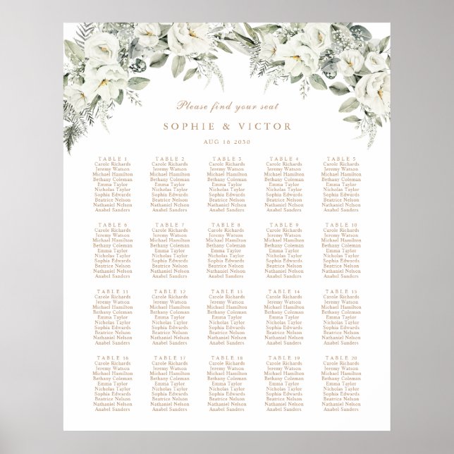 Affiche Plan de table de mariage floral blanc 20 (Devant)