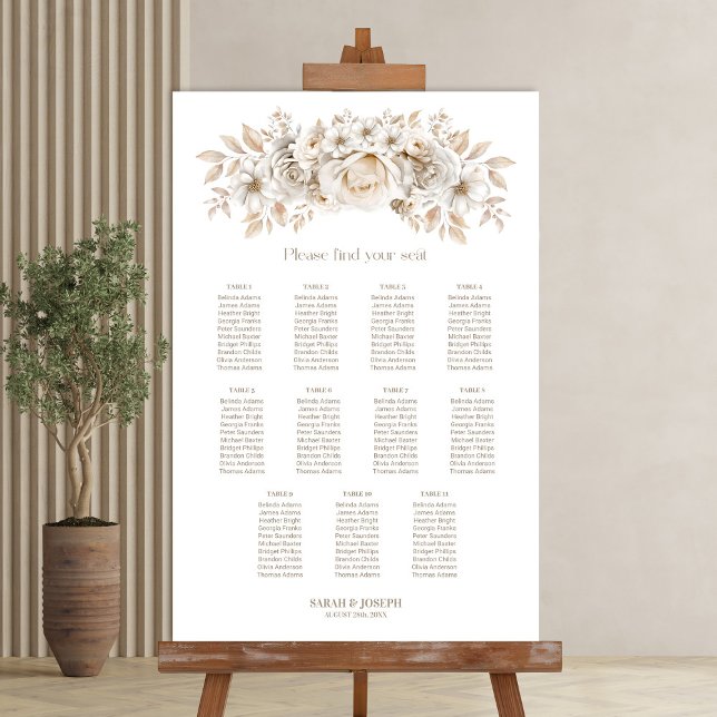 Affiche Plan de table de mariage floral blanc à 11 tables (Créateur téléchargé)