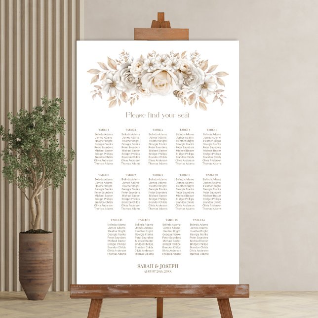 Affiche Plan de table de mariage floral blanc à 14 tables (Créateur téléchargé)