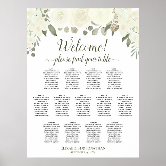 Affiche Plan de table de mariage floral blanc ivoire pour  (Devant)