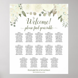 Affiche Plan de table de mariage floral blanc ivoire pour 