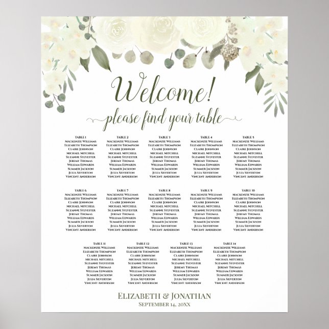 Affiche Plan de table de mariage floral blanc ivoire pour  (Devant)
