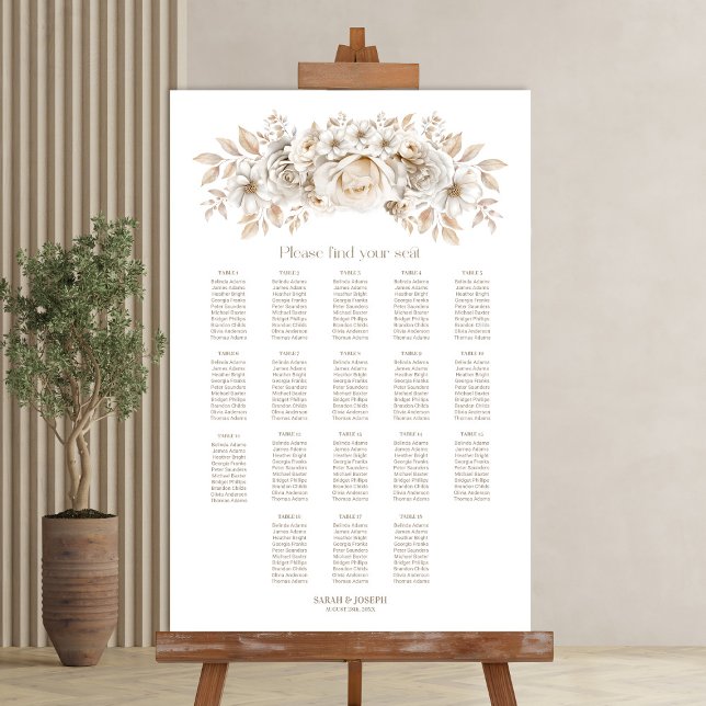Affiche Plan de table de mariage floral blanc pour 18 tabl (Créateur téléchargé)