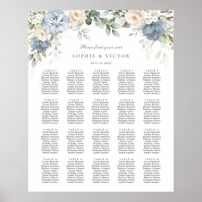 Affiche Plan de table de mariage floral bleu blanc 20 (Devant)