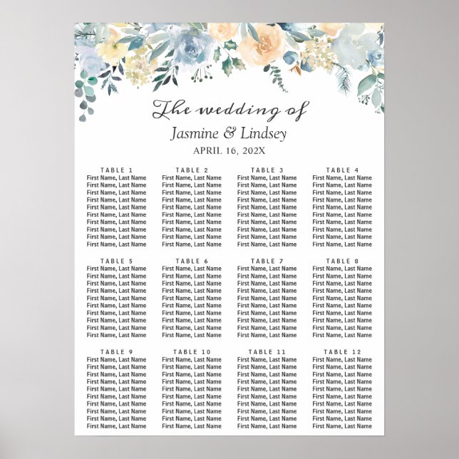 Affiche Plan de table de mariage floral bleu et vanille él (Devant)