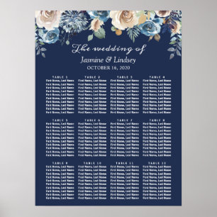 Affiche Plan de table de mariage floral bleu marine