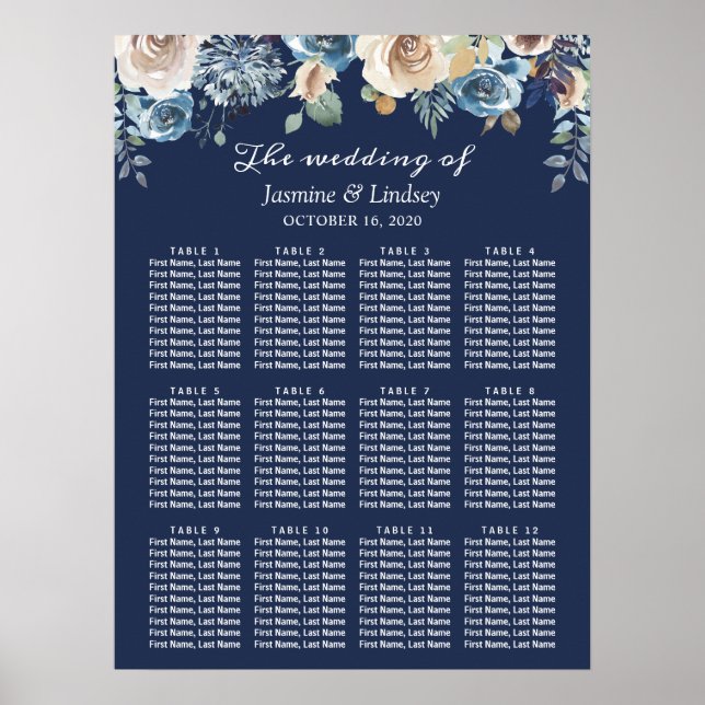 Affiche Plan de table de mariage floral bleu marine (Devant)