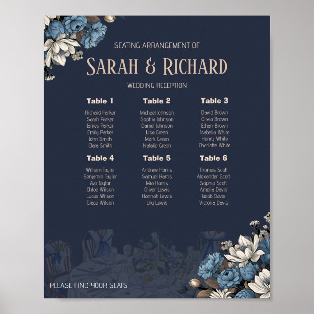 Affiche Plan de table de mariage floral bleu marine élégan (Devant)
