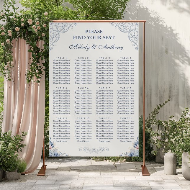 Affiche Plan de table de mariage floral bleu poussiéreux (Créateur téléchargé)