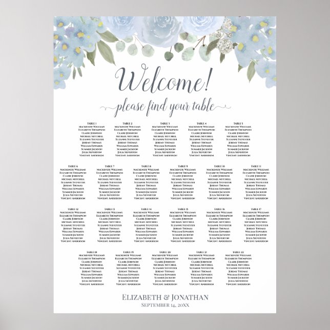Affiche Plan de table de mariage floral bleu poussiéreux 2 (Devant)