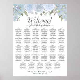 Affiche Plan de table de mariage floral bleu poussiéreux 2