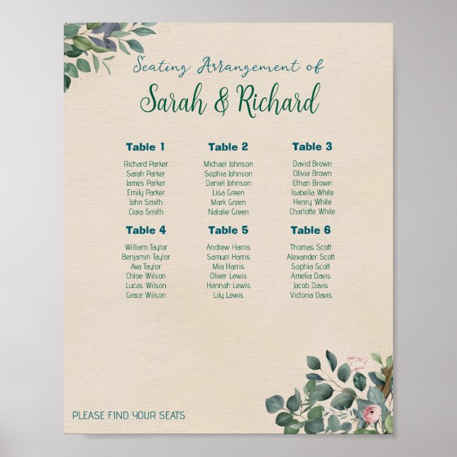 Affiche Plan de table de mariage floral Blush Sage (Devant)