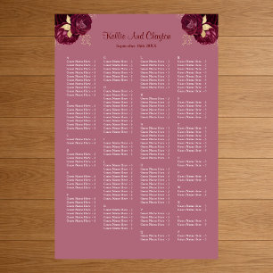 Affiche Plan de table de mariage floral bordeaux et or 160