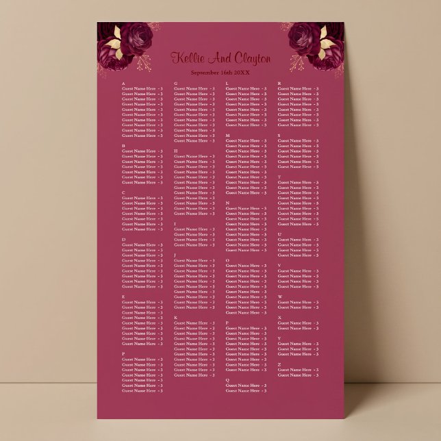 Affiche Plan de table de mariage floral bordeaux et or 200 (Créateur téléchargé)