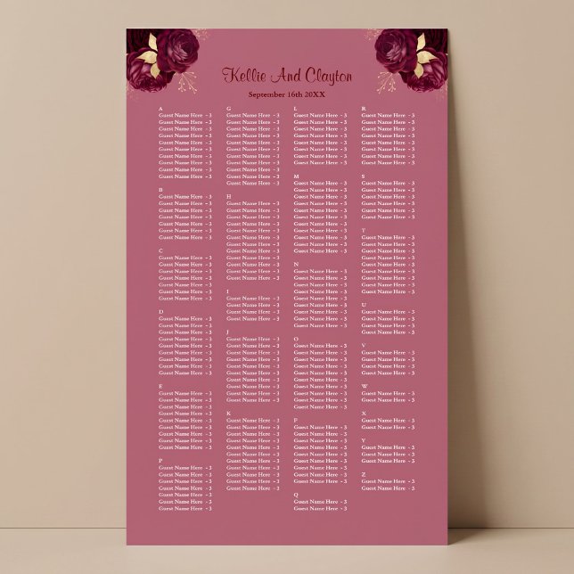 Affiche Plan de table de mariage floral bordeaux et or 200 (Créateur téléchargé)
