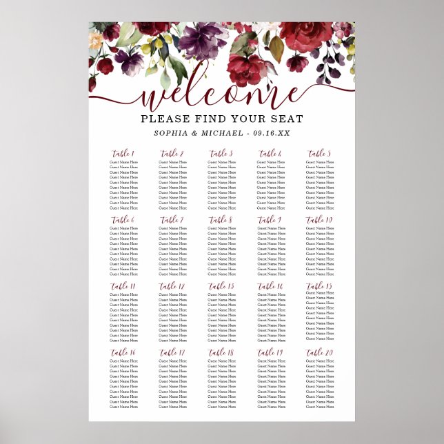 Affiche Plan de table de mariage floral burgonde (Devant)