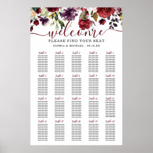 Affiche Plan de table de mariage floral burgundy