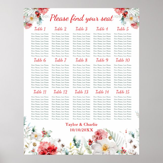 Affiche Plan de table de mariage floral d'hiver 15 tables (Devant)