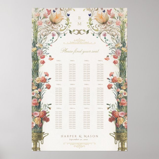 Affiche Plan de table de mariage floral Élégance de jardin (Devant)