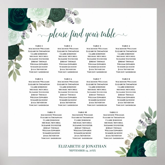 Affiche Plan de table de mariage floral émeraude 11 tables (Devant)