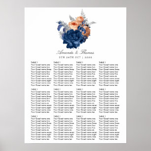 Affiche Plan de table de mariage floral en corail, marine